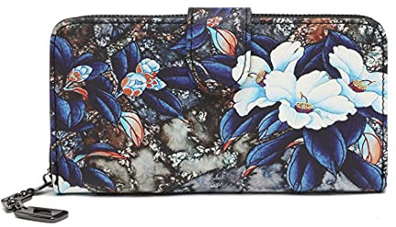 Geldbeutel Damen Groß im Langformat, Geldbörse mit Blumen und Blüten Muster im Mandala und Ethno Stil, Portemonnaie mit Reißverschluss, Druckknopf und Vielen Fächern (Blaue Blume)