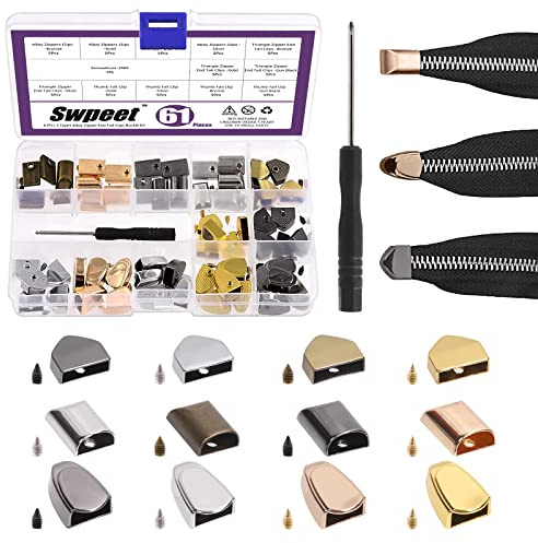 Swpeet 60 set di 3 stili triangolari, pollicirettangolari, 4 colori in lega di metallo con chiusura a cerniera, tiretto cerniera, clip per coda, con viti e cacciavite per pantaloni, giacche