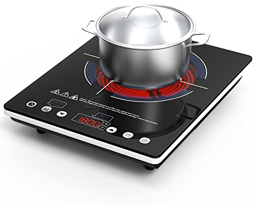 Electric Cooktop 110v,Single Burner Electric Stove Infrared Cooktop Hot Plate 1800W,4-Hour Setting,Black Crystal Glass Surface Compatible for All Cookware