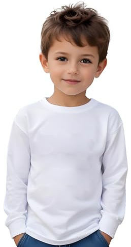 Camiseta Manga Larga 100% Algodón para niños - Camiseta de Abrigo para el frío en Colores, cómoda, Suave, Lisa y Elegante (6 Años, Blanco)