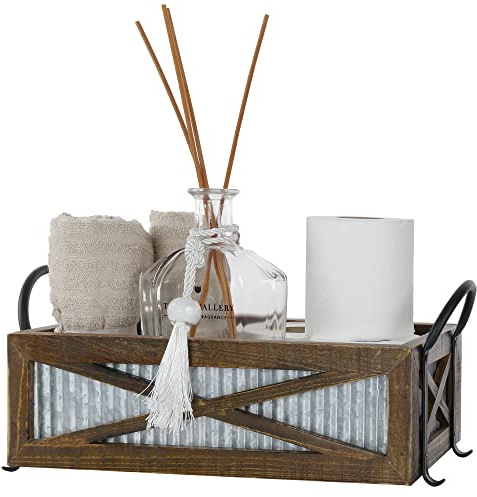Autumn Alley Farmhouse Toilet Paper Basket for Back of Toilet - Rustic Toilet Paper Holder, Organizer - Tank Topper Basket Holder, Farmhouse Rustic Bathroom Decor, Brown