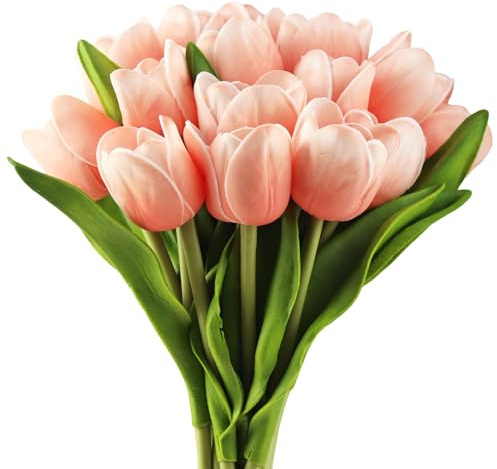 Buart Tulipani artificiali sfusi per casa, cucina, bouquet da sposa, fiori finti per San Valentino, festa della mamma, Pasqua, centrotavola decorativi (pesca, Real-Touch, 12 pezzi)