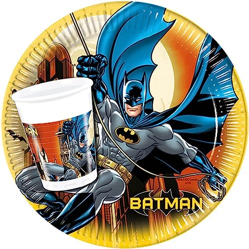 CUCUBA Set de vaisselle pour fête d'anniversaire 8 assiettes + 8 verres thème Batman