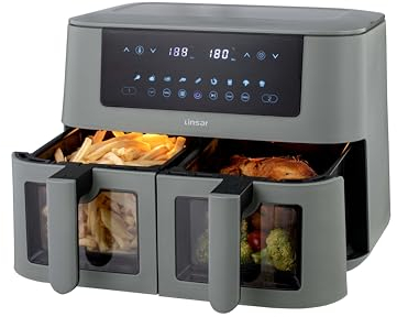 Heißluftfritteuse 2 Kammern, Airfryer mit Sichtfenster, 8L, antihaftbeschichtet, spülmaschinenfeste Körbe, 9 Programme, max. 3000 Watt (Grau)