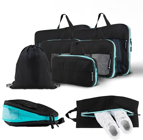 Atacama Premium Kompressions-Packwürfel-Set: Reißverschluss & Dual-Taschen, Packtaschen mit Kompression für Rucksack & Koffer - Schwarz Set of 8