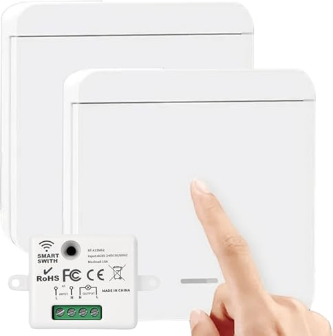 2 Pièces Interrupteur Sans Fil: Kit avec Récepteur 10A 230V 433MHz, Portée 30m, Pour Lampe 1500W, Interrupteur Mural Va et Vient, Salle de Bain/Chambre, Maison Intelligente