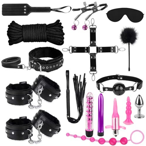 GKLWEJ BDSM kit Bondage 17 Pezzi, Manette Sexyshop Nere Plug Anale da Donna Manette Bondange, Sex Toys Coppie Manette Sexy Adulti Butt Plug Set