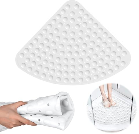 Miawtro Corner Shower Mat, Soft Rubber, Non Slip Anti Mould, Machine Washable, White, Rectangular, PVC, 54x54cm