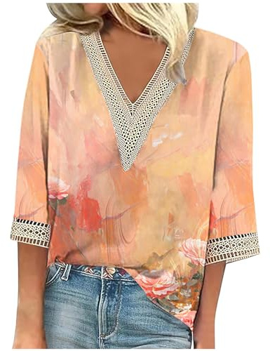 RKaixuni Best 2024 Prime Big Day Deals & Coupons Women's Blouse Casual 3/4 Sleeve Lace Trim V Neck Tops 2024 Summer Loose Floral Graphic Tee Shirts Fashion Pullover Orange