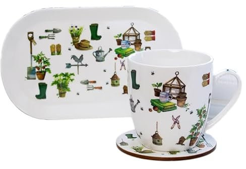 Set Of 3 Mug Coaster And Tray Green Fingers Garden Melamine Fine China Serving