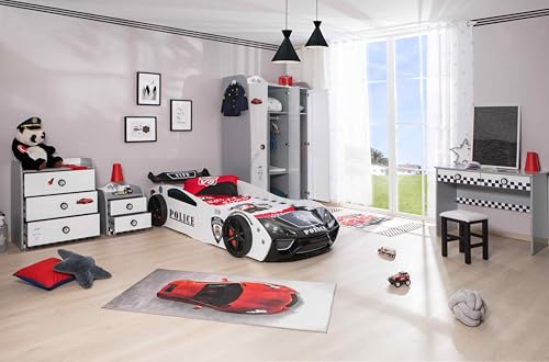 Aileenstore Kinderzimmer Komplett Set Jugendzimmer Kindermöbel 5 teilig mit Autobett Police (ohne Matratze)
