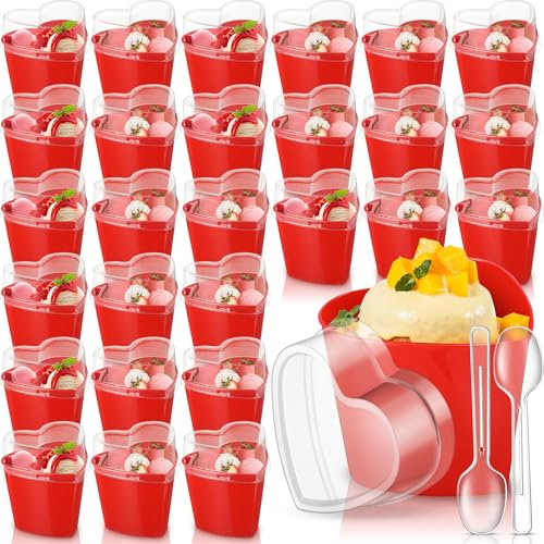 Sliner 200 Pack Valentine‘s Day Heart Shaped Dessert Cups with Lids and Spoons 5 oz Plastic Dessert container Mini Appetizer Parfait Cups Red Shooter container for Wedding Serving Party