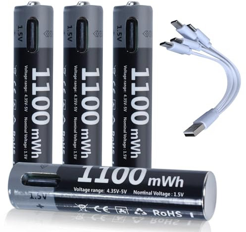 Anern Batterie al litio ricaricabili AAA da 1,5V USB ricaricabili agli ioni di litio AAA con cavo di ricarica 4 in 1 di tipo C, ricarica rapida, carica 1500 volte di ciclo (4 pezzi)