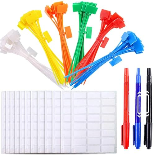Swpeet 165 pièces nylon attache Kit comprenant 150 pièces 6 couleurs 15cm réutilisable nylon attache durable avec 3 marqueurs et 12 feuilles de papier d'étiquette de câble réseau