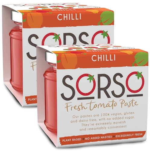 SORSO Chilli Tomato Paste 2x220g | Vegan, No Added Sugar, Gluten-Free | Natural Italian Recipe | Made in London | Use for Pizza, Pasta, Ketchup, Dip or Soup | 28kcal - 98% Vine Tomatoes
