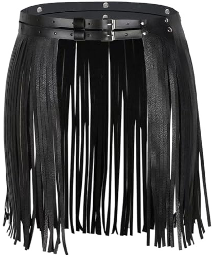 CALFOVERA PU Leather Wide Tassel Waist Belt for Women Black Western Punk Leather Fringe Skirt Belt Vintage Gypsy Style Gothic Party Rave Waistbands for Rocker Dance Performance Costume Ladies Outfit