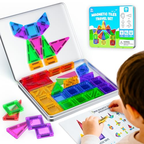 ACELIFE Set da viaggio magnetico, 58 pezzi, mini mattoncini magnetici, portatili, da viaggio, per bambini 3, 4, 5, 6, 7 anni