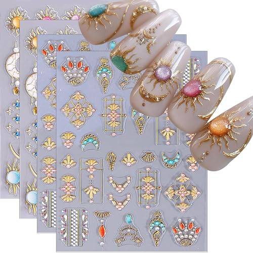 CharmeFleur 4 Böhmische Style Nagelsticker Für Nageldesign Prägestern Mond Sonne Nageldesign Sticker 5D Selbstklebende Böhmische Designs Nagelabziehbilder Gold