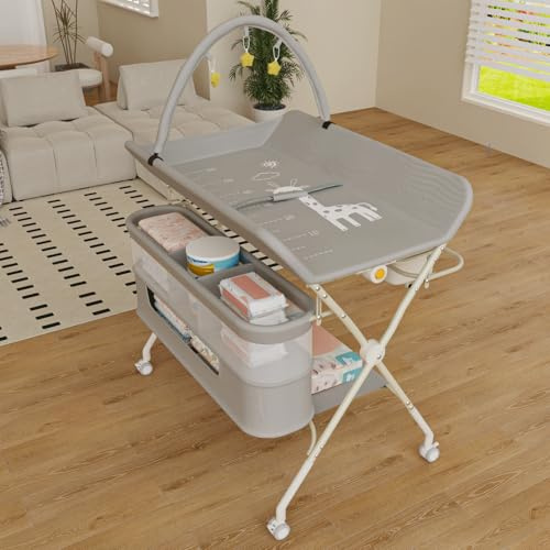 Table à Langer Mobile pour Bébé, Pliable avec Hauteur Réglable sur 5 Niveaux Poubelle Panier de Rangement Etagère Roues Verrouillables, pour Chambre de Bébé,75 * 68 * 83-91cm (B) Gris