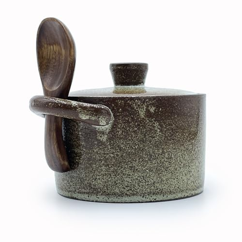 YILUSHENGHUA 8 oz Ceramic Salt Cellar with Lid & Wooden Spoon,Countertop Salt Container,Sugar Bowl,Spices Jar|Terracotta Home Kitchen Decor(Coarse Pottery Color)