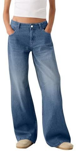 Couawaticy Pull on Wide Leg Jeans for Women, High Waisted Stretchy Baggy Trendy Tummy Control Straight Leg Jeans Denim Pants