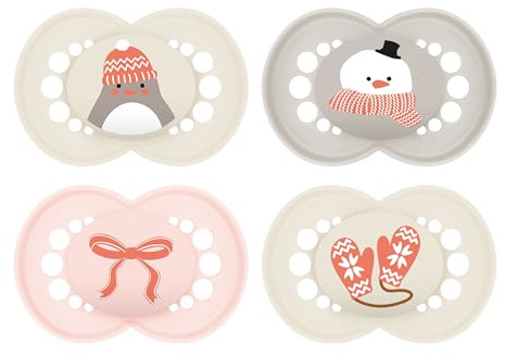 MAM Original Winter Schnuller | 6-16 Monate | 94% Akzeptanz | stillfreundlicher Babyschnuller | von Hebammen empfohlen | aus SkinSoft Silikon | mit Schnullerbox | Pinguin/Schneemann | 4 Stk