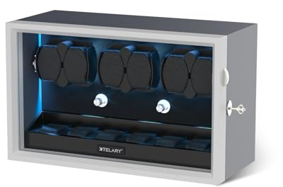 XTELARY Abschließbarer Uhrenbeweger für 4/6/8/12 Automatikuhren, Automatikbeweger mit 4 Rotationsmodi,Extra Uhrenfächern, Flexible Uhrenkissen, Leiser Mabuchi Motor und Blaue Hintergrundbeleuchtung
