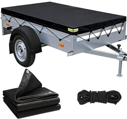 GYHWOFUL Bâche pour remorque 214 x 122 x 13 cm – Bâche de protection 420D pour remorque de voiture jusqu'à 750 kg, bâche plate imperméable et coupe-vent, accessoires pour remorque avec œillets et