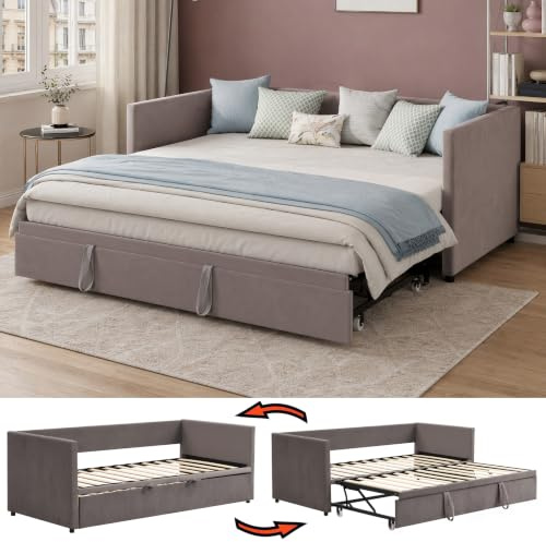 FUCMKON Schlafcouch Ausziehbar 90/180 x 200 cm,Tagesbett Bettrahmen,Schlafsofa mit Lattenrost,Polsterbett Sofa Bed 2 Seater,Ausziehbett Gleiche Höhe,Samt,Ohne Matratze (Grau E, 90/180x200cm)
