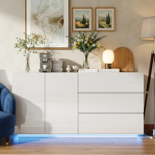 RXMORI Sideboard Hochglanz mit LED, Modernes Sideboard mit 2 Türen & 3 Schubladen, Versteckte Sprungtür,kommode geeignet für Esszimmer und Flur (Weiß, 2 Türen, 3 Schubladen)