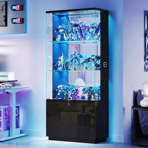 Lvifur 71''Display Cabinets - with Glass Doors &3 Color Lights,Curio Cabinet for Collectibles,3-Tier Bookcase,Adjustable Shelf,Display Cases with Body Sensor,Lockable,Drawers for Living Room（Black）
