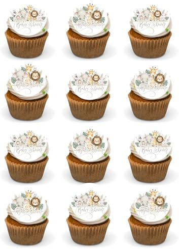 Edible Baby Shower Cupcake Toppers Jungle Safari Animals – Cute Lion Giraffe Elephant Monkey Zebra – Cake Decorations for Baby Shower, Gender Reveal 24 Precut Wafer Card