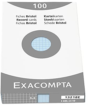 Exacompta 13218E Packung (mit 100 Karteikarten, ungelocht DIN A5, 148 x 210 mm, 205 g, kariert, ideal für die Schule) 1er Pack azurblau