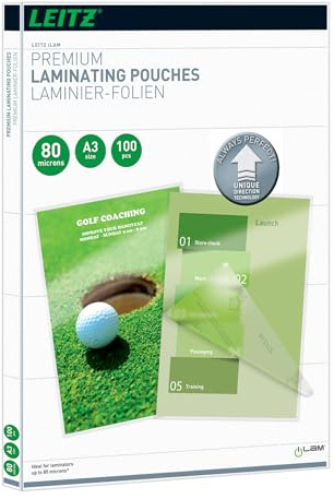 Leitz Heißlaminierfolien A3 80 mic, Laminierfolien in Premium-Qualität im 100er Pack, Glänzend, Transparent, Vereinfachtes Einlegen durch UDT, iLAM, 74850000