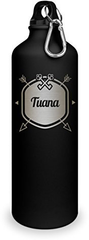 Trinkflasche mit Namen Tuana - graviert mit Hipster Layout, Aluminiumflasche mit Gravur, Sportflasche - matt schwarz