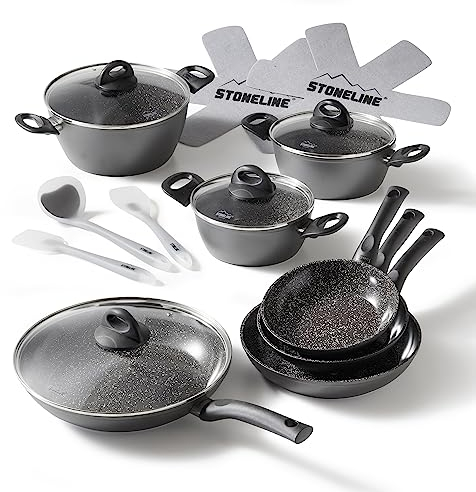 STONELINE Ceramic Keramikpfanne Töpfe Set 16 teilig 18/20/24/28 cm Töpfe Pfannen PFAS-frei Topfset Pfannenset Induktion Kochgeschirr Set mit Deckel Keramikbeschichtung mit echten Steinpartikeln, Grau