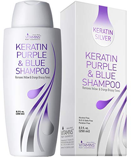 VITAMINS hair cosmetics Purple Shampoo for Blonde Locks - Blonde Hair Toner for Brassy Hair - Blue Shampoo Removes Brassy Tones, Keratin & Argan Oil Infused - Paraben & SLS Free - 250 Ml