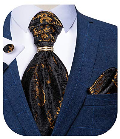 DiBanGu Paisley-Krawatte für Herren, gewebt, Ascot, Einstecktuch, Manschettenknöpfe mit Krawattenring, 4 Stück, 09 Schwarzgold, Einheitsgröße