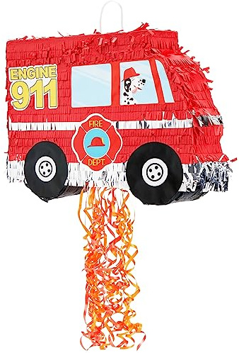 BLUE PANDA Feuerwehrauto-Piñata mit Zugschnur, Kinderband und Pinata-Zugschnur, Feuerwehrmann-Party-Dekoration und Feuerwehrauto, Geburtstagsdekoration, klein, 41,9 x 33 x 7,6 cm