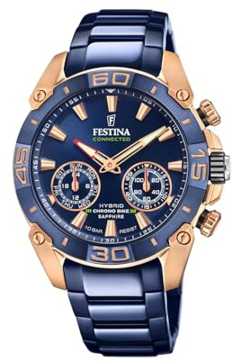 Festina Uhr Smart Herren Hybrid Connected aus Edelstahl 316l | Blau, Analog, Wasserdicht 10 ATM F20549/1, Musiksteuerung, Schrittzähler, Anrufbenachrichtigung und -ablehnung