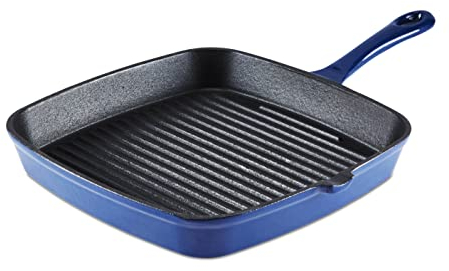 Barbary & Oak BO800257BLU Cast Iron Grill Pan with Durable Enamel Interior, 23cm, Limoges Blue