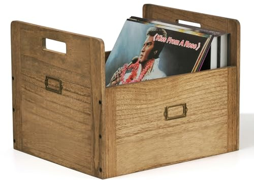 KIRIGEN Wooden Vinyl Record Storage Box, LP Record Holder Crate for up to 80 Albums, Paulownia Wood Record Organiser with Handles, 40 x 34.5 x 30.5 cm