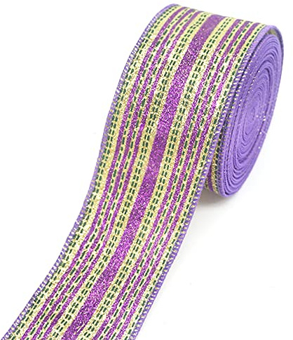 Mardi Gras Fabric Ribbons 10 Yards, Mardi Gras Gold Purple Glitter Strips Burlap Edge Wired Ribbon for Carnival Gift Wrapping Home Party Decoration Tree Crafts Supplies - 2.5 Inch x 10 Yards x 1 Roll