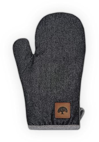 BO877001 Barbary & Oak Denim Single Oven Glove with Leather Detail, Quilted Stitching, Blue