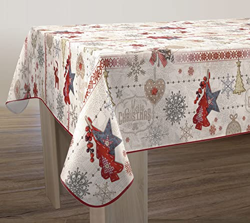 Le Linge de Jules Nappe Anti-Taches Joyeux Noël - Rectangle 150 x 240 cm Bordeaux/Taupe/Doré