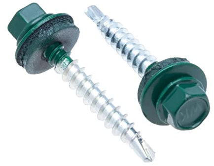 4.8 mm x 25 mm Roofing Screws, Hex Head Self-drilling Color (RAL 6005 Moss Green) Roof Screws With EPDM Sealed Washer, Rust Proof Zinc Plated Hardened Coarse Threads Screw for Outdoor Use (50 pcs)