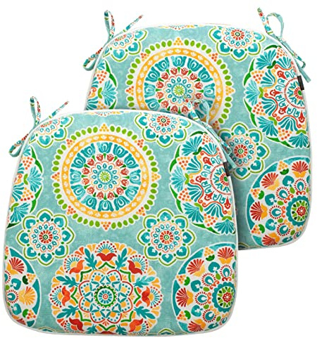 FUNHOME Outdoor Chair Cushions Set of 2, Water-Repellent Patio Seat Cushions D16xW17 Inch, Round Corner Patio Chair Pads with Tie, Seat Cushions for Furniture Garden Office Decoration, Cyan Circle