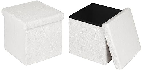eSituro Uppsättning av 2 vikbara sittpall med förvaringsutrymme, fotpall stoppad pall sittkista, förvaringslåda, kan belastas upp till 300 kg, av teddyfleece vit