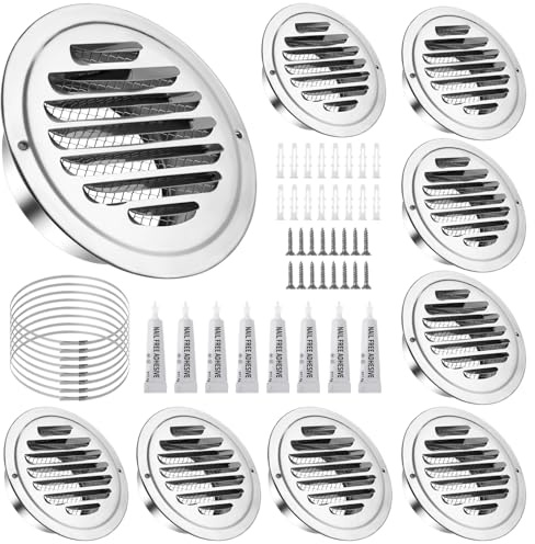 8 Pcs Air Soffit Vents, 4 Stainless Steel Air Outlet Vents, Round Louvered Grille Covers with Screen Mesh, Flat Ducting Air Ventilation Outlet Hoods, Wall Air Soffit Vents for Home, Office