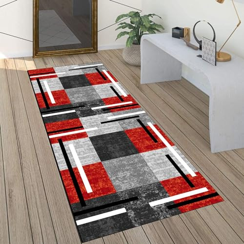 QQrunner Löpare, hallmatta, halkfri, grå röd, 60 x 100 cm, köksmatta, vintage, tvättbar, metervara, sovrum, korridor, matta, lång, anpassningsbar, 60/70/80/90/10/120 cm bred